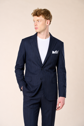 Giacca Gessata Monopetto con Tasche a Toppa|Colore:Blu
