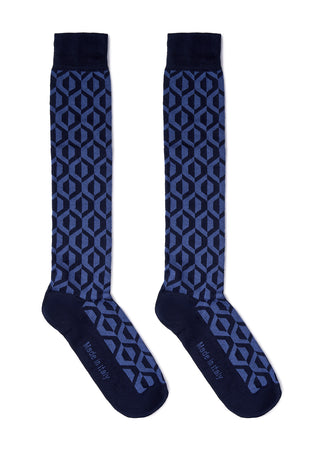 Calze Uomo Lunghe in Cotone Motivo Geometrico|Colore:Denim