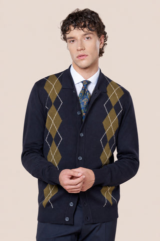Cardigan Motivo a Rombi Chiusura con Bottoni|Colore:Blu navy