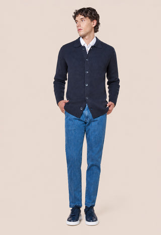 Cardigan Uomo con Collo a Camicia e Trama a Coste|Colore:Notte