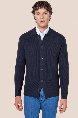 Cardigan Uomo con Collo a Camicia e Trama a Coste|Colore:Notte