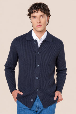 Cardigan Uomo con Collo a Camicia e Trama a Coste|Colore:Notte