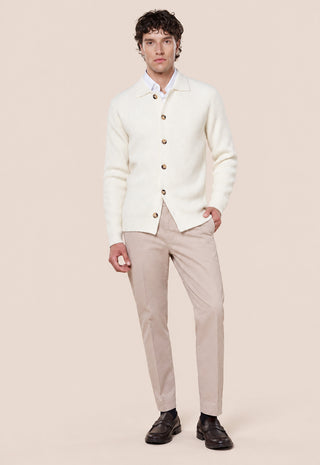 Cardigan Uomo con Collo a Camicia e Trama a Coste|Colore:Panna