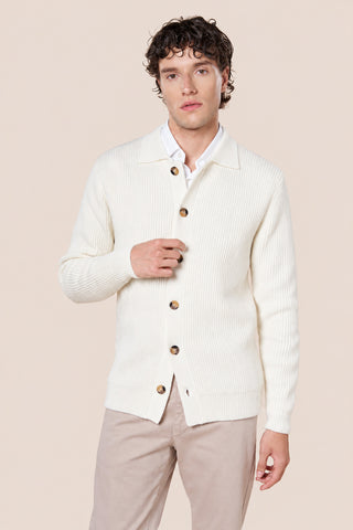Cardigan Uomo con Collo a Camicia e Trama a Coste|Colore:Panna