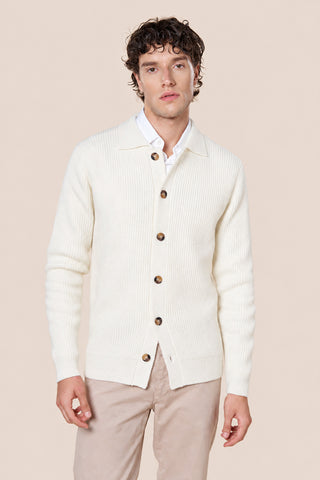 Cardigan Uomo con Collo a Camicia e Trama a Coste|Colore:Panna